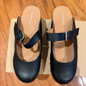 Anthropologie Black Leather Mary Jane-Style Buckle Mules